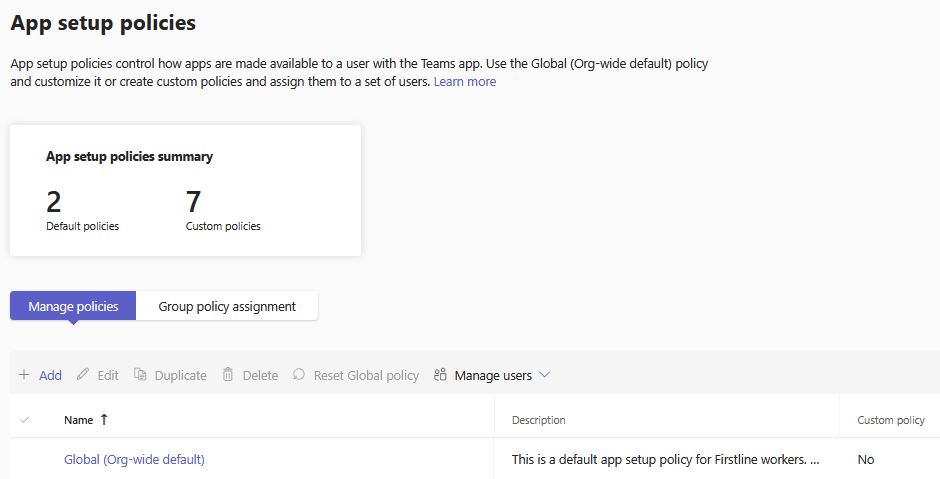 App setup policies