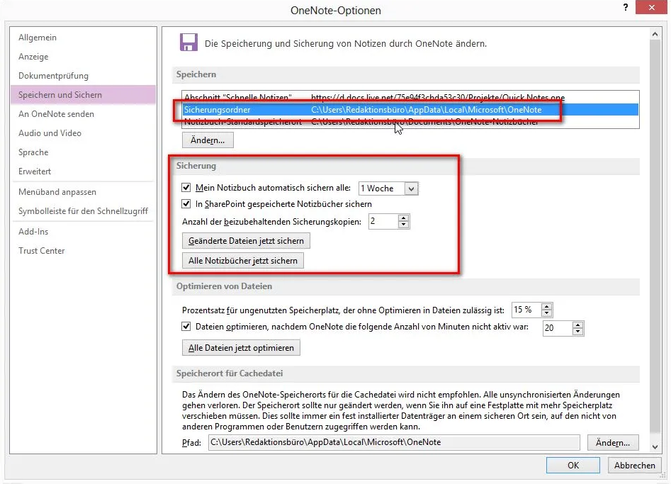 lokale OneNote Sicherung